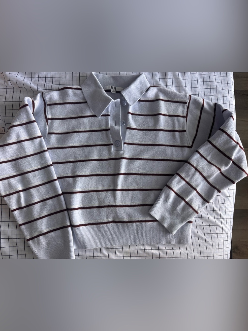 Uniqlo Light Blue Polo Sweater with Burgundy Stripes